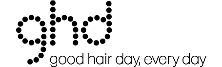 ghd logo with the dotted company name and the slogan "good hair day, every day"